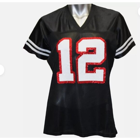 TOM BRADY #12 WOMEN'S GLITTER-BLINGED MESH FOOTBALL JERSEY - Picture 7 of 8